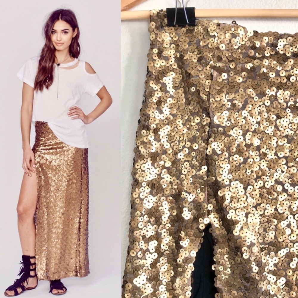 {Blue Life} Matte Sequin High Slit Gold Maxi Skirt